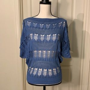 Peek-through Blue Knit Short Sleeve Blouse (L)